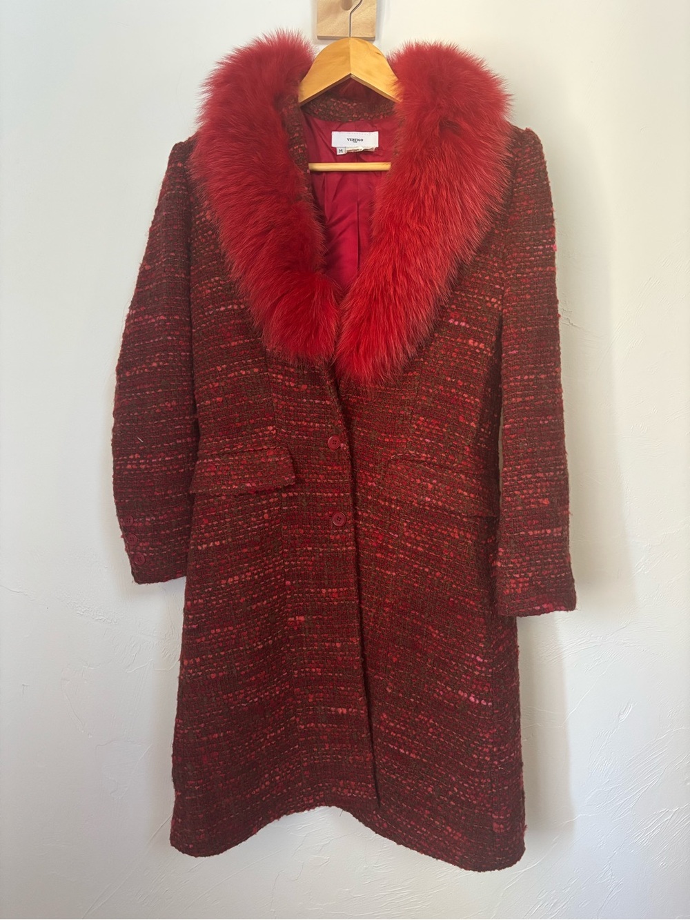Vertigo Paris Vintage Wool Tweed Coat with Genuine Fox Fur Collar sz M